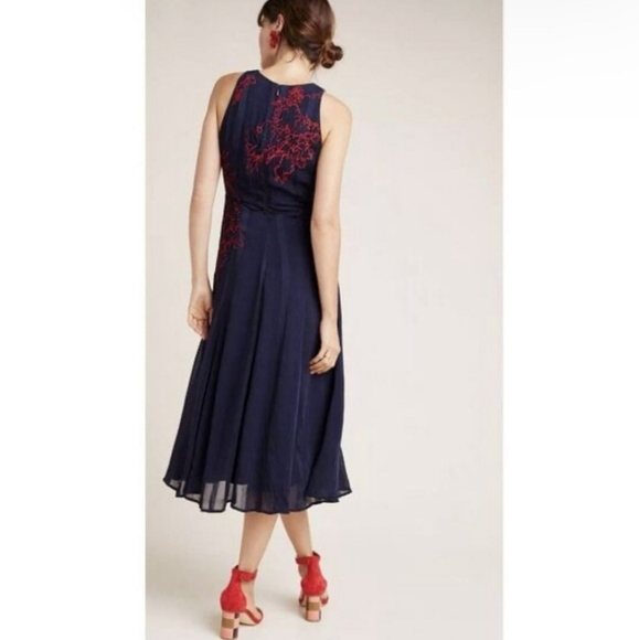 Anthropologie Tanzine Midi Dress Sleeveless Embroidered Floral Boho Navy Red 18W - Picture 2 of 14